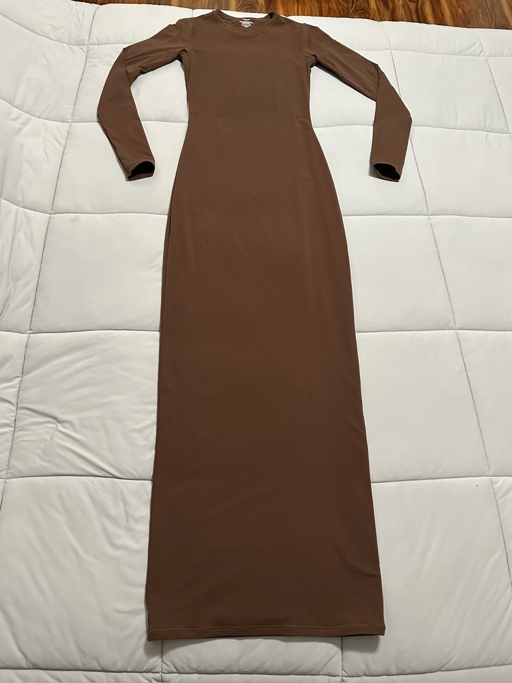 SKIMS Fits Everybody Crew Neck Long Sleeve Maxi Dress in the popular dark brown